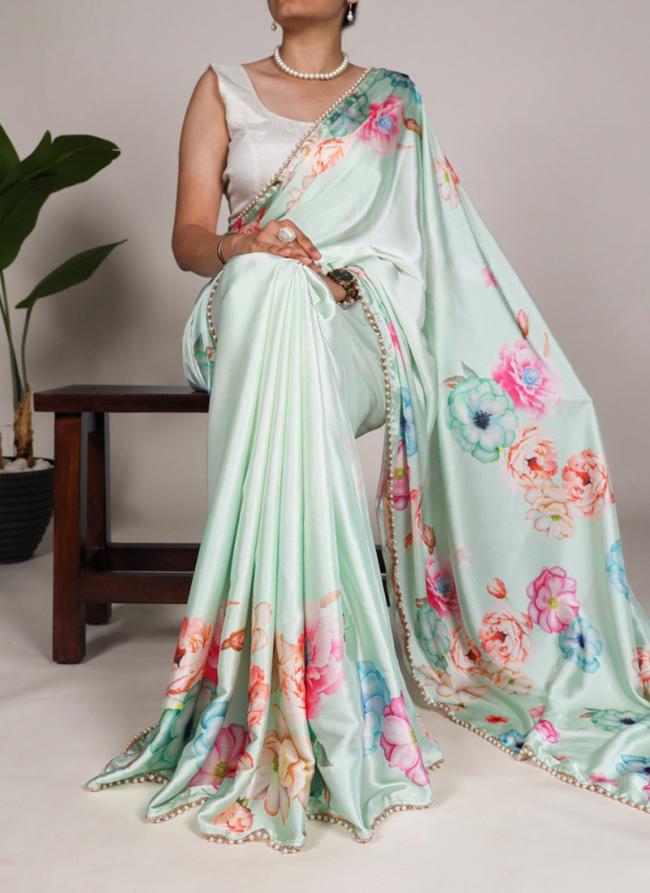 Sattin Silk Pista Green Party Wear Printed Saree